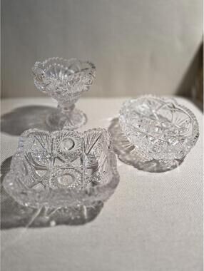 Vintage Imperial Glass Star and Cane 3 Pc Lot Bowl Pedestel Compote Dish